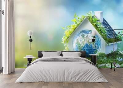 Small house with globe, plants, solar panels, and vibrant sky Wall mural