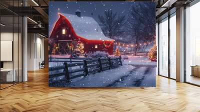 Snowy barn decorated with festive lights during Christmas Wall mural