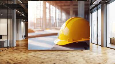 Yellow construction helmet on table at building site Wall mural