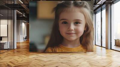 Young girl with long brown hair smiling in cozy kitchen Wall mural