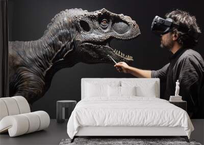 A man wearing virtual reality glasses is painting a dinosaur Wall mural