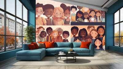 illustration. Happy diverse junior school students children group looking at camera standing in classroom. Smiling multiethnic cool kids boys and girls friends posing for group portrait together. Wall mural