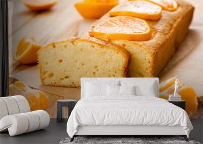 Loaf of delicious tangerine pound cake on parchment with pieces of mandarin on rustic wooden background. Delicious breakfast, traditional tea time treat. Reciepe of English orange pie loaf. Wall mural