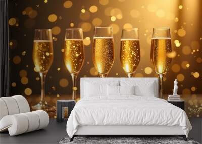 Many glasses of champagne on a golden sparkling background. Wall mural