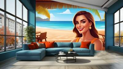 Selfie of a girl on the beach by the sea. Wall mural