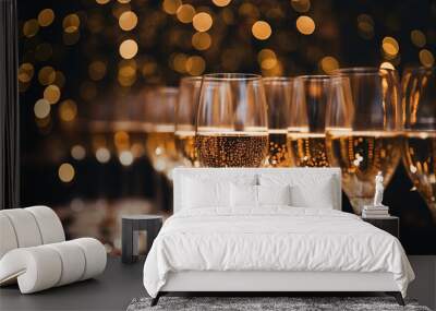 There are many glasses of champagne on the table. Wall mural