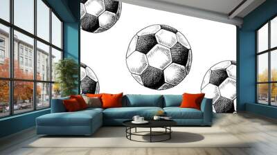 Football backdrop. Hand drawn seamless pattern with sketch style soccer balls. Black on white. Monochrome vector background. Wall mural