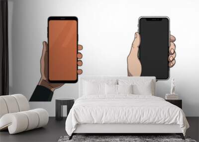 Hand holding smartphone. Cartoon vector illustration Wall mural