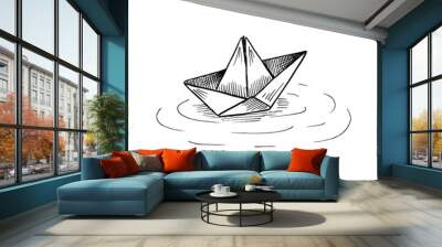 Paper boat on the water. Black and white sketch in sketch style. Vector illustration isolated on white. Wall mural