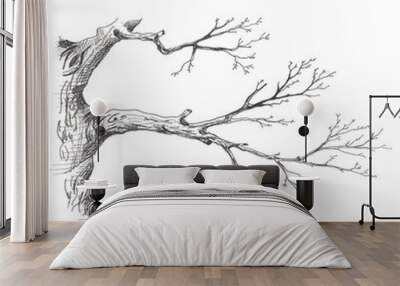 Tree branch. Hand drawn sketch style illustration of tree branch without leaves. Isolated on white background Wall mural