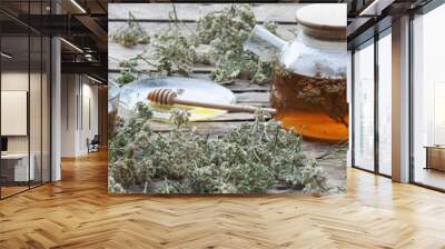 Herbal medicinal background.Healthy tea with yarrow flowers on a wooden rustic table. Place for text. Wall mural