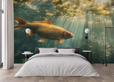 carp swimming gracefully in a clear, freshwater lake or pond. Wall mural