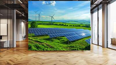 green energy generation, a wind farm with several wind turbines spinning under a clear blue sky, and a solar farm with large solar panels absorbing sunlight. Wall mural