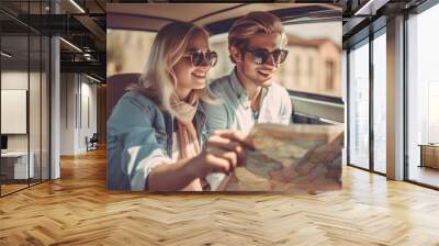 Happy young couple with a map sitting in a car and looking for a way to travel Wall mural