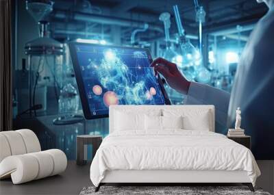 Healthcare and medicine concept. Technician using digital tablet, studying chemical elements in hospital laboratoty, Medical Research. Wall mural