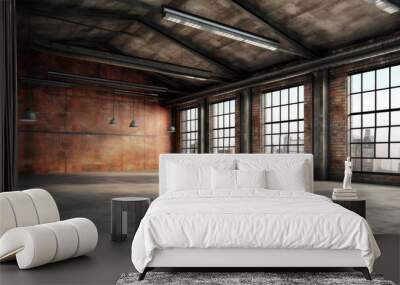 Industrial loft style empty old warehouse interior,brick wall,concrete floor and black steel roof structure Wall mural