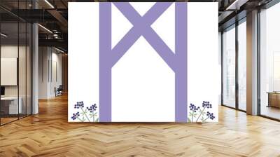 Fleece Scandinavia. Vector illustration of the runes Mannaz. The symbol of the letter Futhark. Spiritual esoteric. Fleece with leaves and flowers Wall mural