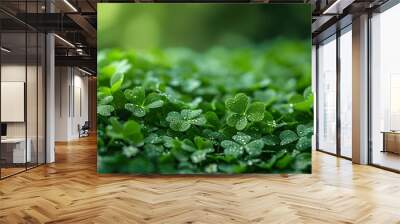 Green Saint Patrick’s backdrop featuring clovers and festive icons. Wall mural