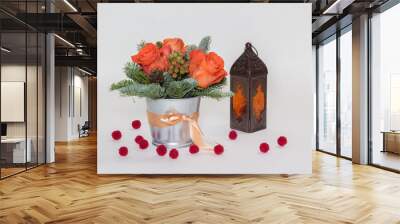 New Year's bouquet of roses, coniferous branches and a lantern  with transparent background Wall mural