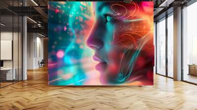 Futuristic Woman's Face with Digital and Neon Effects, AI Concept Wall mural