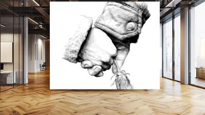 male and female hands holding each other and holding a rose flower, sketch vector graphics monochrome illustration on a white background Wall mural