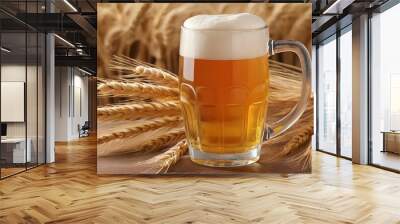 a mug of beer and spikelets of wheat on the table Wall mural