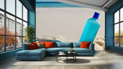 Bottle of sunscreen on sandy beach. Sun protection concept Wall mural