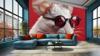 Portrait of a white mouse with glasses on a red background. Wall mural