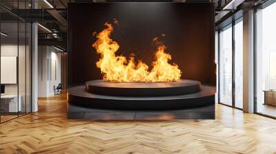 Round podium with fire flames on black background Wall mural