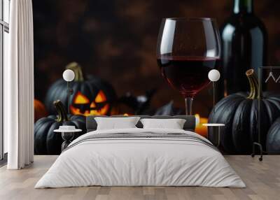 Halloween Wine for the holiday, autumn still life, black roses, Halloween, pumpkins, candles, evil faces, Wall mural