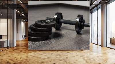 dumbbells on the floor, fitness at home, background Wall mural