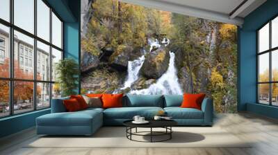 mountains landscape nature waterfall view sky air oxygen autumn season grass trees blue yellow sand stone gray brown water river rocks rock blue Altai Russia red orange Wall mural