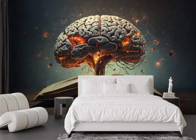 Brain coming out of an open book, concept of knowledge and wisdom Wall mural