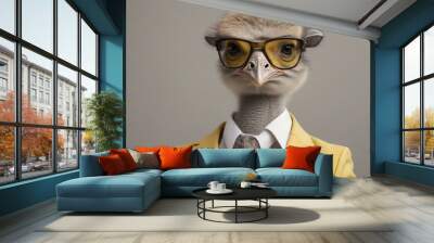 Fashionable ostrich in a yellow suit and glasses on a gray background Wall mural