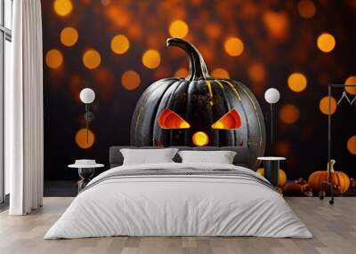 Halloween pumpkin head jack lantern on bokeh lights background. Wall mural