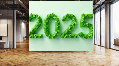 Happy new year 2025 made of green leaves. 3D Rendering Wall mural