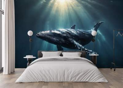 Humpback whale swimming underwater with sunrays. 3D rendering Wall mural