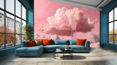 Ladder going up to a pink cloud,3D illustration. Wall mural