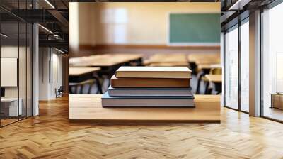 Pile of books on the table in the classroom. Education concept Wall mural