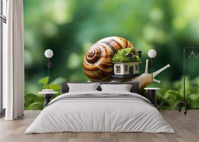 Small snail and house on green moss over blurred nature background. Concept of ecology Wall mural