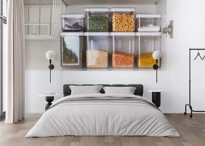 Storage ideas in the kitchen. White box and basket. Shelf order system. Modern interior.  Wall mural