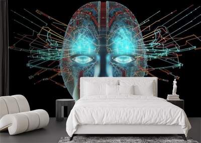 A futuristic cyborg woman with glowing blue eyes and intricate circuit patterns, symbolizing advanced technology and innovation Wall mural