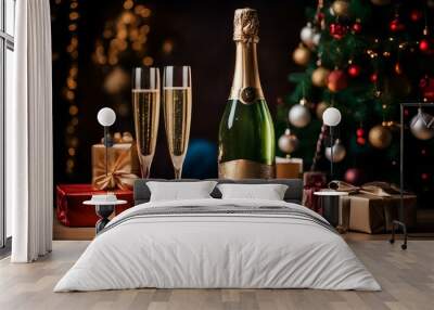 champagne bottle and glasses Wall mural