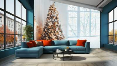 Classic christmas New Year decorated interior room New year tree. Christmas tree with gold decorations. Modern white classical style interior design apartment, large window. Christmas eve at home. Wall mural