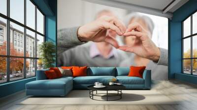 Love heart shape peace. Senior older couple making heart shape with their hands. Adult mature old husband wife showing heart sign. Happy pensioner family. I love you happy valentines day Wall mural