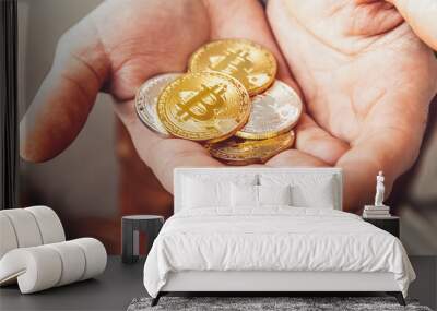 Man hand holding cryptocurrency golden and silver bitcoin coin. Electronic virtual money for web banking and international network payment. Symbol of crypto virtual currency. Mining concept. Wall mural