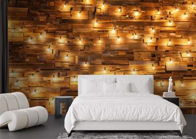 Modern dark classical style interior design apartment with retro lamps hanging light bulbs background. Wooden planks with lamps. Decorated interior room with gold lights. Copy space mockup poster Wall mural