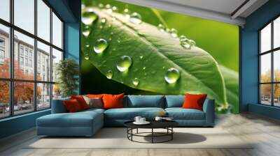 large beautiful drops of clear rainwater on a green macro leaf, nature background Wall mural