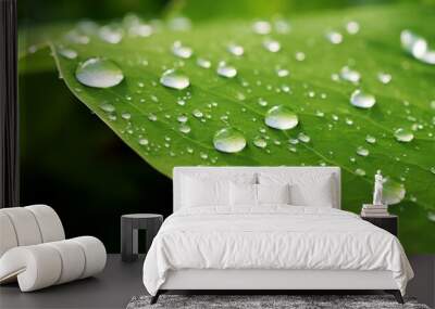 large beautiful drops of clear rainwater on a green macro leaf. Dew drops glow in the morning in the sun  Wall mural