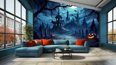 realistic halloween background with creepy landscape of night sky ,burning pumpkins Wall mural